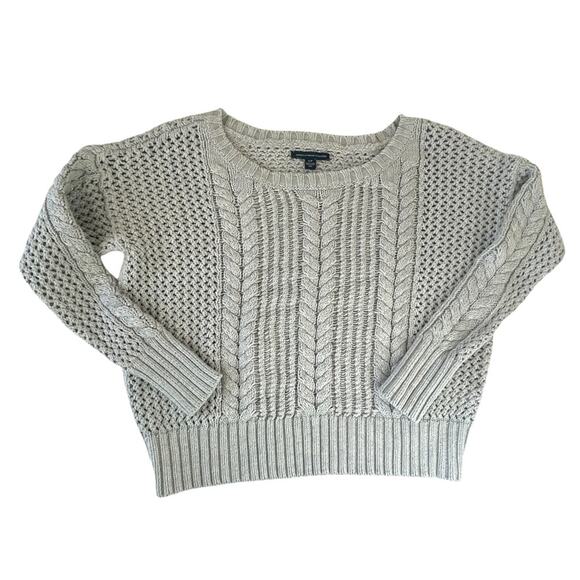 American Eagle Cropped Sweater Women’s S Cable Knit Crochet Pullover Gray - Picture 1 of 8